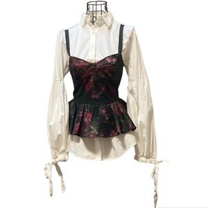 🥀 Pearl by Georgina Chapman of Marchesa Black Red Floral Lace Bustier Top | 2